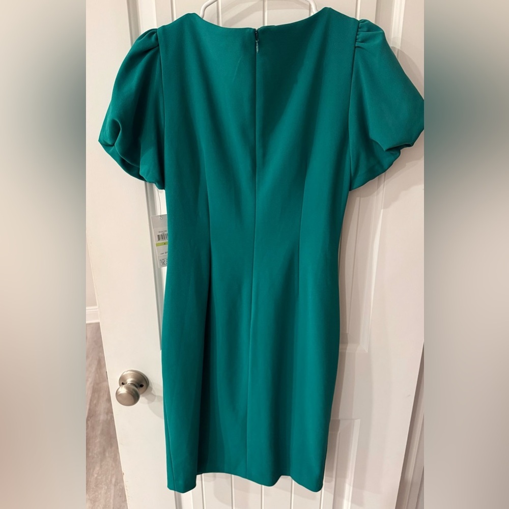 DKNY Emerald Green Puff Sleeve Ruched Dress Size 4 NWT - Picture 2 of 5
